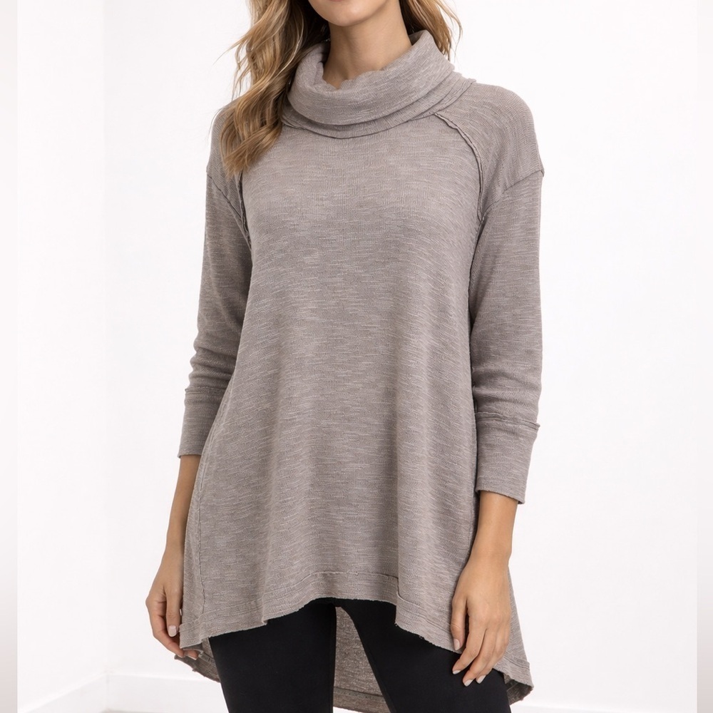 Free People Boho Taupe Slub Knit Cowl Neck Split Back Tunic Sweater Small